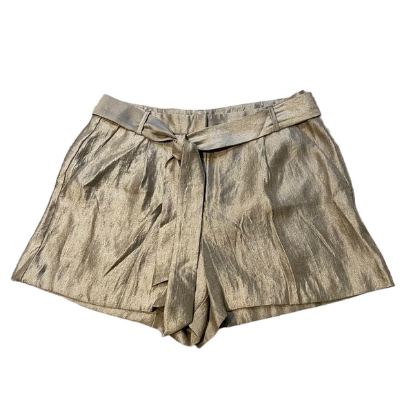 LOFT Champagne Shimmer Pleated Tie Waist Shorts - Picture 2 of 11